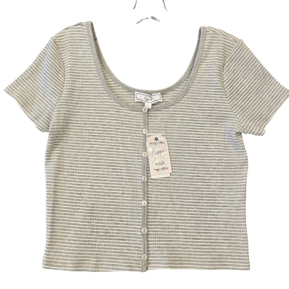 Hippie Rose Gray Striped Crop Top Shirt NEW Stretch Short Sleeves Scoop Womens L